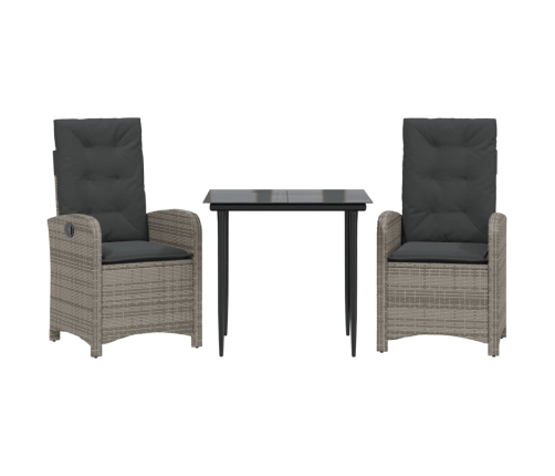 Set comedor de jardín 3 piezas con cojines ratán sintético gris