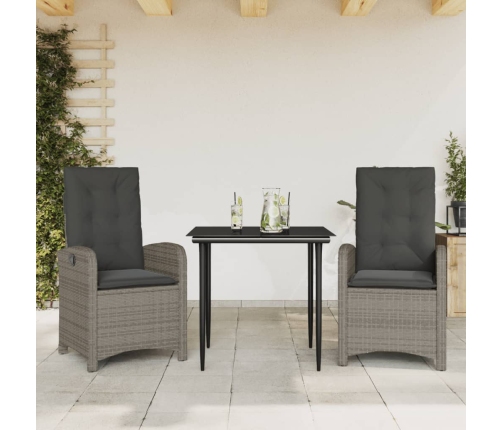 Set comedor de jardín 3 piezas con cojines ratán sintético gris