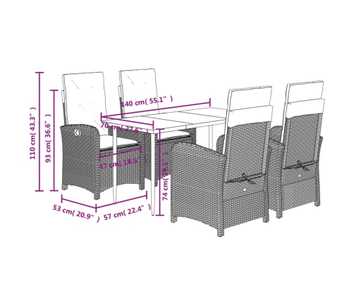 Set comedor de jardín 5 piezas con cojines ratán sintético gris