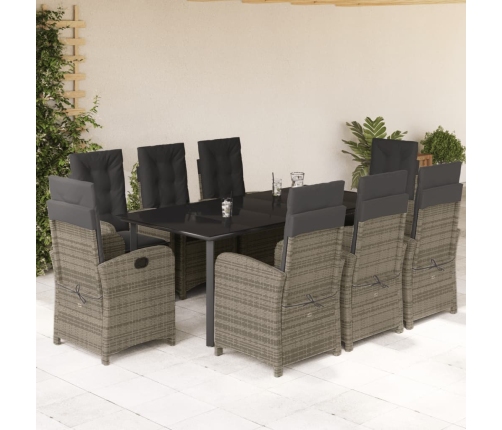 Set comedor jardín 9 pzas y cojines ratán sintético gris