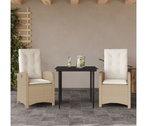 Set comedor de jardín 3 pzas con cojines ratán sintético beige
