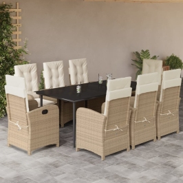 Set comedor de jardín 9 pzas con cojines ratán sintético beige