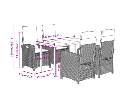 Set comedor de jardín 5 pzas con cojines ratán sintético beige