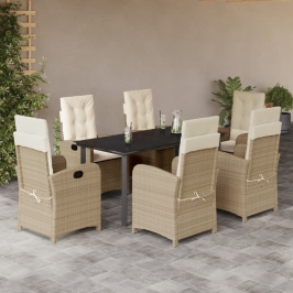 Set comedor de jardín 7 pzas con cojines ratán sintético beige