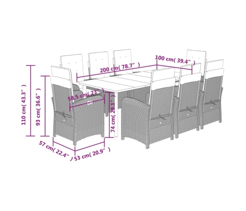 Set comedor de jardín 9 pzas con cojines ratán sintético beige