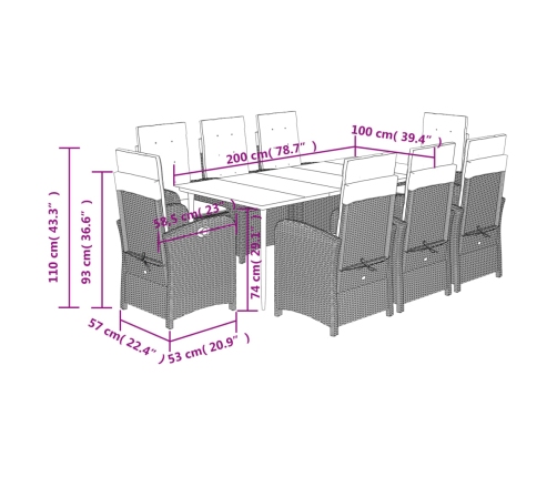 Set comedor de jardín 9 pzas cojines ratán sintético gris claro