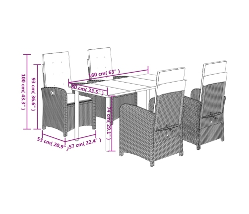 Set comedor de jardín 5 pzas cojines ratán sintético gris claro