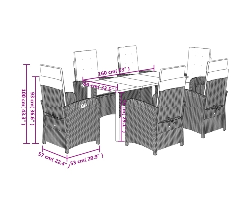 Set comedor jardín 7 pzas y cojines ratán sintético gris claro