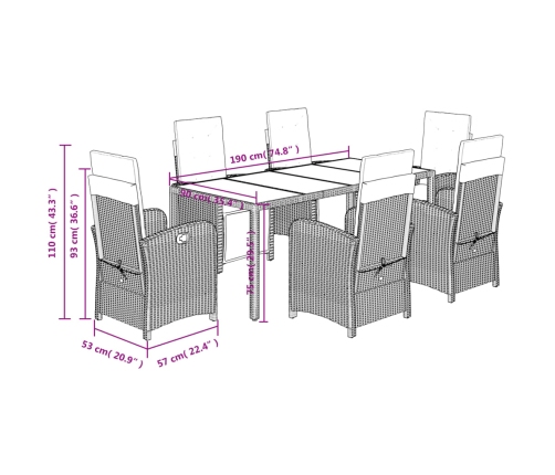 Set de comedor de jardín 7 pzas y cojines ratán sintético negro