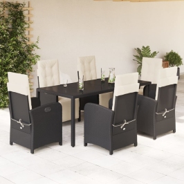 Set de comedor de jardín 7 pzas y cojines ratán sintético negro