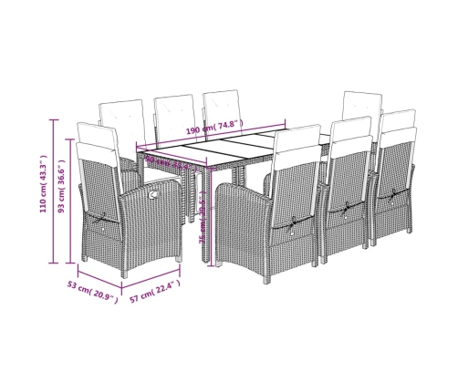 Set de comedor de jardín 9 pzas y cojines ratán sintético negro