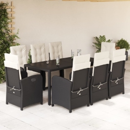 Set de comedor de jardín 9 pzas y cojines ratán sintético negro