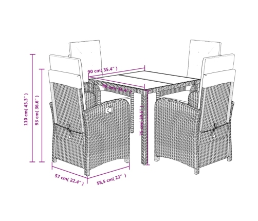 Set de muebles jardín 5 pzas con cojines ratán sintético negro