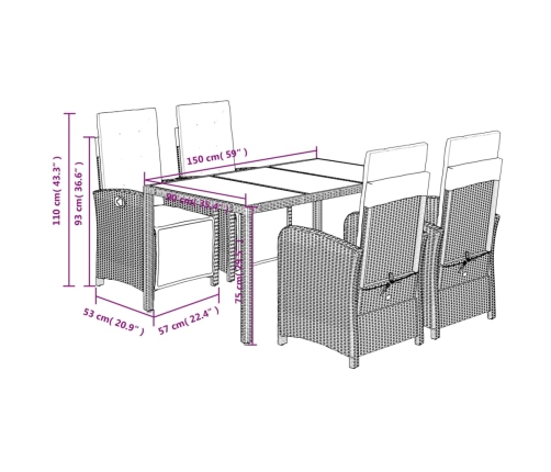 Set de muebles jardín 5 pzas con cojines ratán sintético negro