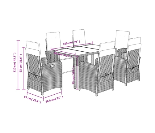 Set de comedor de jardín 7 pzas y cojines ratán sintético negro