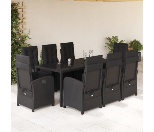 Set de comedor de jardín 9 pzas y cojines ratán sintético negro