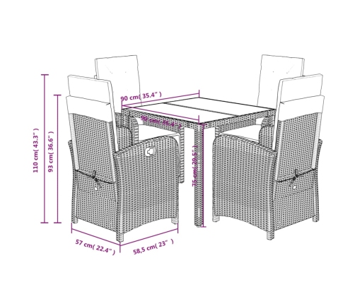 Set comedor de jardín 5 piezas con cojines ratán sintético gris