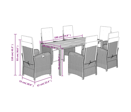 Set de comedor de jardín 7 pzas y cojines ratán sintético negro