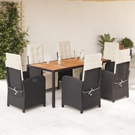 Set de comedor de jardín 7 pzas y cojines ratán sintético negro