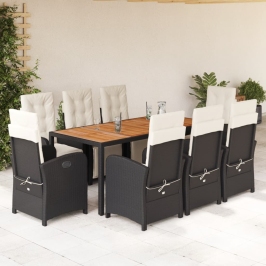 Set de comedor de jardín 9 pzas y cojines ratán sintético negro