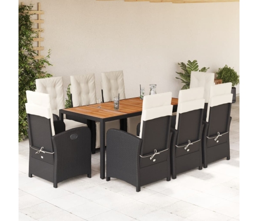 Set de comedor de jardín 9 pzas y cojines ratán sintético negro