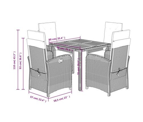 Set de muebles jardín 5 pzas con cojines ratán sintético negro