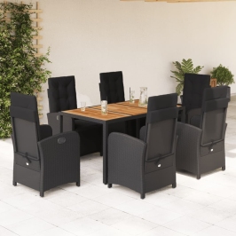 Set de comedor de jardín 7 pzas y cojines ratán sintético negro