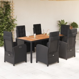 Set de comedor de jardín 7 pzas y cojines ratán sintético negro