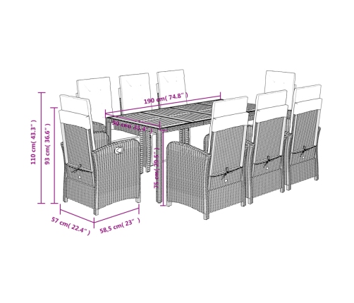 Set de comedor de jardín 9 pzas y cojines ratán sintético negro