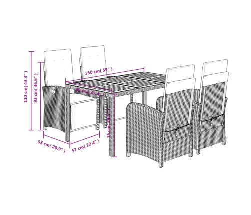 Set comedor de jardín 5 piezas con cojines ratán sintético gris