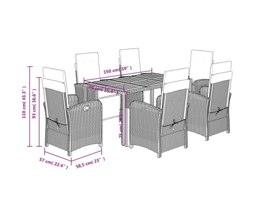 Set comedor jardín 7 pzas y cojines ratán sintético gris