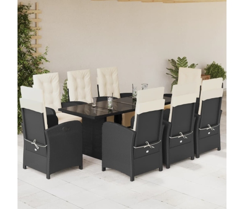 Set de comedor de jardín 9 pzas y cojines ratán sintético negro