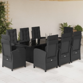 Set de comedor de jardín 9 pzas y cojines ratán sintético negro