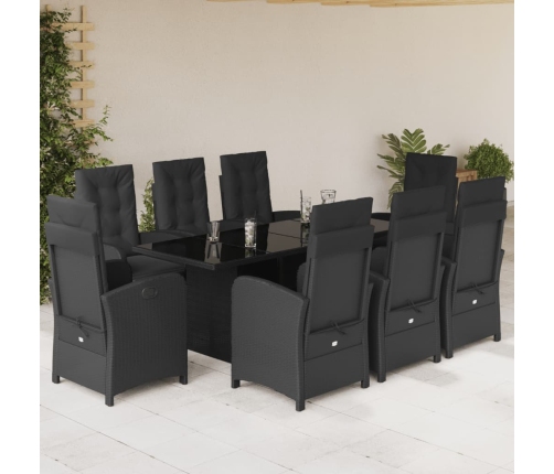 Set de comedor de jardín 9 pzas y cojines ratán sintético negro