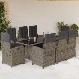 Set comedor jardín 9 pzas y cojines ratán sintético gris