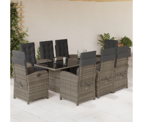 Set comedor jardín 9 pzas y cojines ratán sintético gris