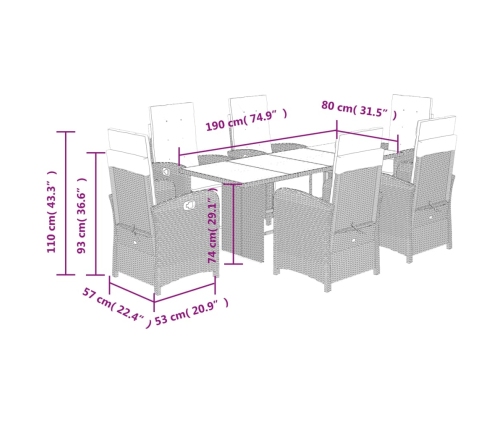 Set comedor de jardín 7 pzas con cojines ratán sintético beige