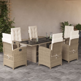 Set comedor de jardín 7 pzas con cojines ratán sintético beige