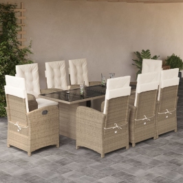 Set comedor de jardín 9 pzas con cojines ratán sintético beige