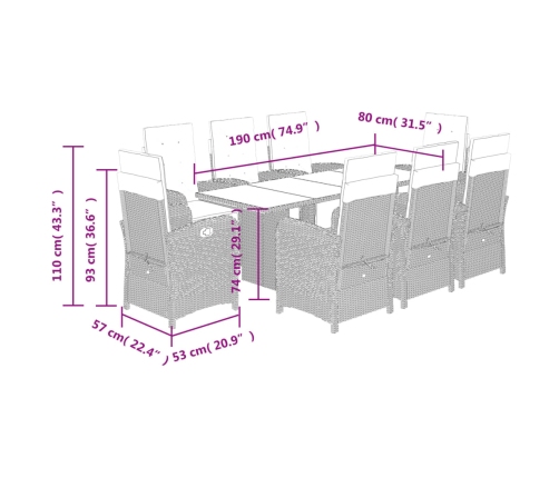 Set comedor de jardín 9 pzas con cojines ratán sintético beige