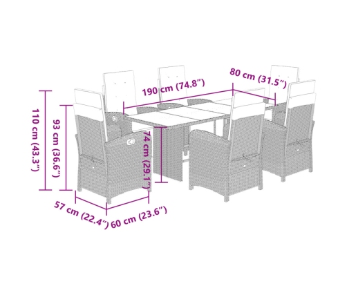 Set comedor jardín 7 pzas y cojines ratán sintético gris claro
