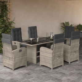 Set comedor jardín 7 pzas y cojines ratán sintético gris claro