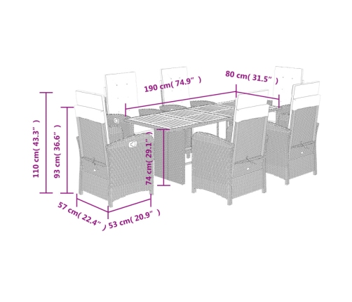 Set de comedor de jardín 7 pzas y cojines ratán sintético negro