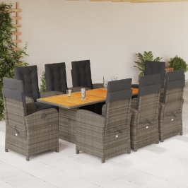 Set comedor jardín 9 pzas y cojines ratán sintético gris