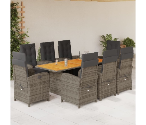 Set comedor jardín 9 pzas y cojines ratán sintético gris