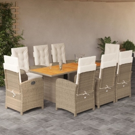 Set comedor de jardín 9 pzas con cojines ratán sintético beige