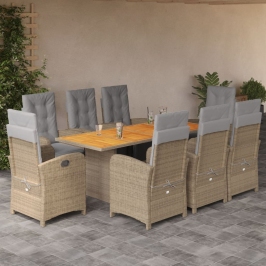 Set comedor de jardín 9 pzas con cojines ratán sintético beige