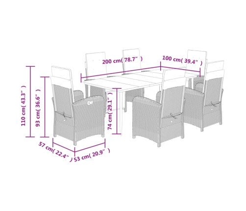 Set de comedor de jardín 7 pzas y cojines ratán sintético negro