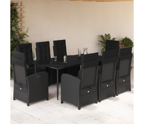 Set de comedor de jardín 9 pzas y cojines ratán sintético negro