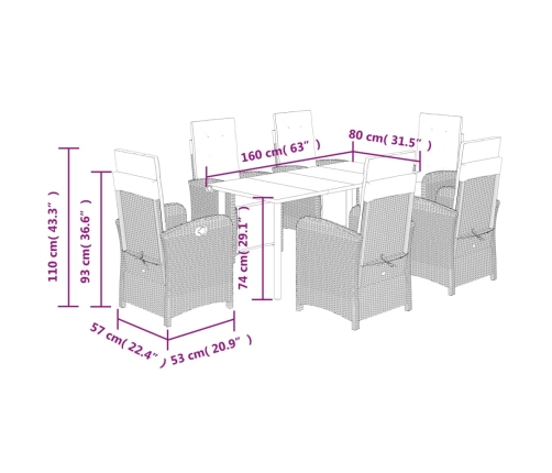 Set de comedor de jardín 7 pzas y cojines ratán sintético negro